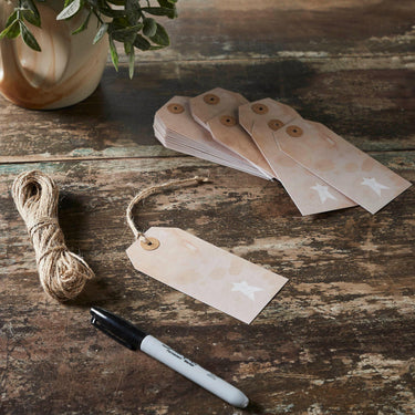 Primitive Star Tea Stained Paper Tag Creme 4.75x2.25 w/ Twine Set of 50 - The Fox Decor